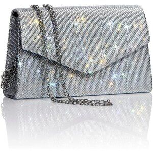 🆕Women's Silver Glitter Rhinestone Clutch Evening Bag PU Leather Prom Wedding